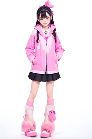 1girl, solo, long hair, skirt, black hair, white background, jacket, full body, black skirt, pink jacket, leg warmers