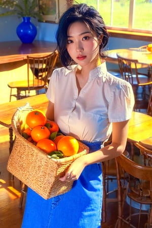 A young woman with short black hair, gazing intently at the camera. She is wearing a white shirt with a blue collar. In front of her is a woven basket filled with vibrant oranges. The setting appears to be an indoor space, possibly a dining room, with wooden furniture in the background.