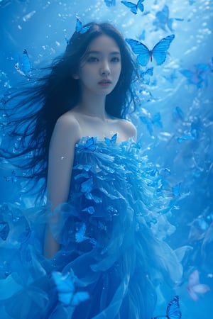 A young woman surrounded by a myriad of vibrant blue butterflies. She appears to be submerged in a dreamy, aquatic environment, with her long black hair flowing freely. The woman wears a delicate, translucent gown that merges seamlessly with the surrounding water, giving the impression that she is a part of the underwater world. The butterflies, with their iridescent wings, flutter around her, creating a sense of movement and wonder.