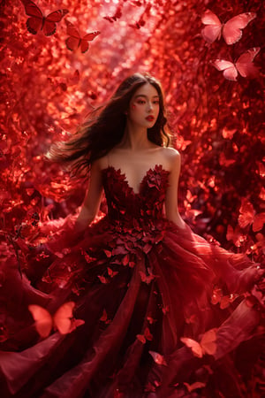 A woman surrounded by a myriad of ruby red butterflies. She wears a gown made of ruby red leaves, which flows gracefully around her. The backdrop is a ruby red-hued environment, possibly signifying a ruby forest or a magical realm. The woman's long, wavy hair flows freely, complementing the ethereal ambiance of the scene.