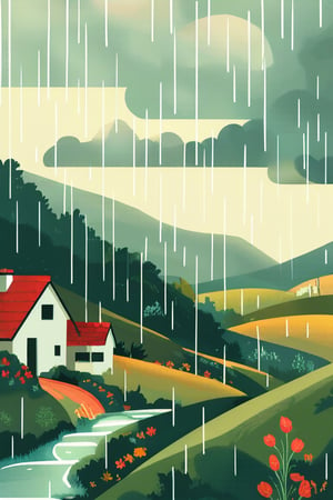 Flat 2D illustration of a rainy day in the countryside, with rolling hills, a small farmhouse, and a calm, serene atmosphere with gentle rain falling.