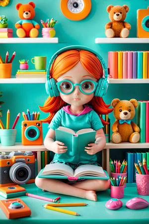 A vibrant and colorful scene of a young girl with orange hair, wearing headphones and engrossed in reading a book. She's seated on a turquoise desk surrounded by various objects, including a camera, a microphone, a computer mouse, and a pencil holder filled with colorful pencils. The room is adorned with shelves holding books, a toy bear, and other decorative items. The overall ambiance is playful and creative, with a blend of pastel and bold colors.