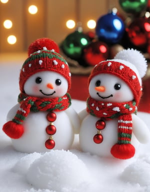 a detailed view photo of Little snowmen knitted on soft snow on the background of Christmas decorations,w00len