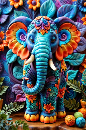 A vibrant and intricately designed sculpture of an elephant. The elephant is predominantly blue with swirling patterns in shades of orange, purple, and blue. It has large, expressive eyes and a curled trunk. The elephant is surrounded by colorful, abstract elements, including spheres, leaves, and other shapes. The background is a blend of vivid colors, creating a dreamy and whimsical atmosphere.