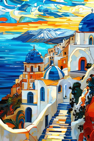 A serene view of Santorini’s white-washed buildings and blue-domed churches under a brilliant midday sun, with the Aegean Sea sparkling in the background, in the style of Vincent van Gogh, using a vibrant color palette of cool whites, deep blues, and soft yellows with swirling, textured brushstrokes. Artists: Vincent van Gogh, El Greco, Nikos Hadjikyriakos-Ghika.