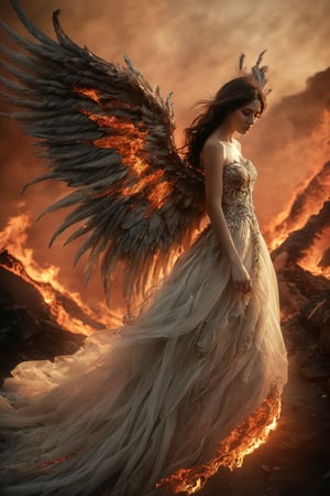 A woman with large, intricately designed wings, crafted from crackling flames and wispy smoke, stands defiantly amidst a scorched earthscape. Her flowing, ethereal gown billows around her as she perches atop rocky terrain, the fiery landscape's infernal glow casting an apocalyptic ambiance. The burning material of her wings, now freed from their fiery prison, seem to defy the blazing background, creating a striking juxtaposition of contrasts.
