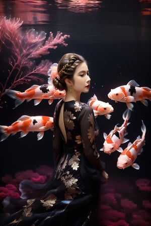 photo RAW, (Black, neon pink and magenta : Portrait of 2 ghostly long tailed black koi, woman, shiny aura, highly detailed, black pearls, gold and coral filigree, intricate motifs, organic tracery, Kiernan Shipka, Januz Miralles, Hikari Shimoda, glowing stardust by W. Zelmer, perfect composition, smooth, sharp focus, sparkling particles, lively coral reef colored background Realistic, realism, hd, 35mm photograph, 8k), masterpiece, award winning photography, natural light, perfect composition, high detail, hyper realistic