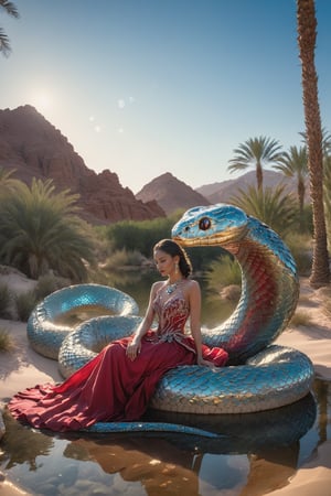 A woman adorned in a crimson gown, seated in a desert oasis with palm trees and a serene pond. She is accompanied by a large, silver, serpentine creature with intricate scales and jewel-like adornments. The oasis is illuminated by moonlight, casting a serene glow, and there are sand dunes in the background. The woman's expression is calm and contemplative, and the creature seems to be gently resting against her.