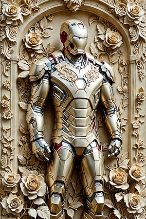 A detailed and intricate depiction of Iron Man's armor, rendered in a monochromatic beige or cream color. The armor is surrounded by ornate floral patterns, including roses and leaves, which appear to be carved or engraved into the background. The overall composition gives a sense of the armor being embedded or integrated into a classical or antique setting, juxtaposing the modernity of Iron Man with timeless artistry.