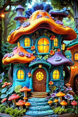 A whimsical, intricately designed house with a blue facade. The house features a large, wavy roof in shades of orange and purple, and it's adorned with various floral patterns, including flowers and leaves. There are four windows with glowing yellow lights from within. The entrance has a wooden door with a circular window. Surrounding the house are vibrant trees and plants in shades of blue, orange, and green. A large mushroom with a red cap stands to the right of the house. The entire setting gives off a fairy-tale, enchanted forest vibe. clay,clay