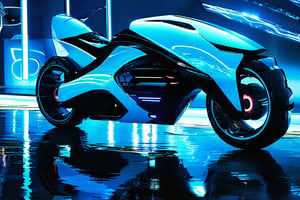 photorealistic image, masterpiece, high quality 8K, of a futuristic ((sci-fi large super motocycle), (((submerged in the sea))), Tron legacy, white and blue neon lights, good lighting, at night, sharp focus