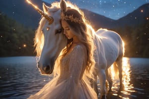 At the edge of a mystical lake under a starlit sky, a woman in a flowing, ethereal dress adorned with sparkling crystals gently touches the forehead of her majestic white unicorn. The unicorn's golden horn glows softly, reflecting in the still waters of the lake.