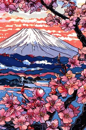 A tranquil scene of Mount Fuji during cherry blossom season, with delicate pink petals floating in the air, in the style of Vincent van Gogh, using a vibrant color palette of soft pinks, cool whites, and deep blues with swirling, textured brushstrokes. Artists: Vincent van Gogh, Katsushika Hokusai, Utagawa Hiroshige.