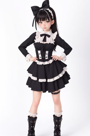 1girl, solo, long hair, looking at viewer, bangs, skirt, simple background, shirt, black hair, long sleeves, white background, dress, bow, ribbon, standing, full body, hair bow, boots, frills, socks, black footwear, black dress, black bow, thigh strap, lolita fashion, hands on hips, gothic lolita