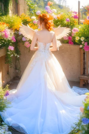 photorealistic,realistic,photography,masterpiece,best quality,ultra-detailed,1girl,full body,wings,wedding dress,looking at viewer,orange hair,flowers,dreamgirl