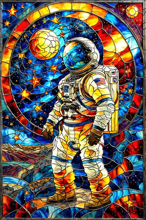 Astronaut's Cosmic Quest: A stained glass depiction of an astronaut standing heroically against a kaleidoscope backdrop of swirling blue, red, yellow, and orange hues, with stars and cosmic dust scattered throughout, set against the rugged terrain of a moon or planet, as vibrant colors and textures blend in harmony.