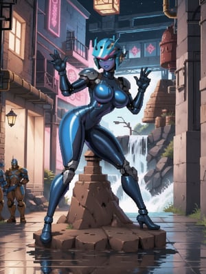 A woman, completely white mecha suit with blue parts + cybernetic armor + latex suit, very tight suit on her body, wearing a cybernetic helmet with visor, gigantic breasts, very short hair, blue hair, mohawk hair, hair with bangs in front of her eyes, (looking at the viewer), (((erotic pose with interaction and leaning on anything + object + on something + leaning against))) + in a dungeon, with waterfall, robotic machines, altars, robots, glow pipes, slimes, colored iron bars, 16K, UHD, warcraft, zelda breath of the wild, Unreal Engine 5, technological, mecha, (full body:1.5), quality max, max resolution, ultra-realistic, maximum sharpness, More detail, perfect_hands, better_hands,pixel