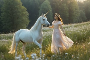On a moonlit meadow filled with wildflowers, a young maiden in a delicate, pastel-colored dress dances joyfully with her white unicorn. The unicorn's golden horn sparkles under the moonlight, and a gentle breeze rustles the petals around them.

,xxmixgirl