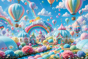 A whimsical scene with pastel-colored hot air balloons floating in the sky, surrounded by fluffy clouds. A prominent rainbow arches in the center, acting as a backdrop for the balloons. The ground is adorned with soft, rounded hills and decorated with pink and blue flowers. The entire scene exudes a dreamy, fantastical ambiance.