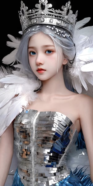 (((masterpiece))),best quality, illustration,(beautiful detailed girl), a girl ,solo,bare shoulders,flat_chst,diamond and glaring eyes,beautiful detailed cold face,very long blue and sliver hair,floaing black feathers,wavy hair,black and white sleeves,gold and sliver fringes,a (blackhole) behind the girl,a silver triple crown inlaid with obsidian, (sit) on the black ((throne)), (depth) of (field),LiluCinnamon,retropunk style