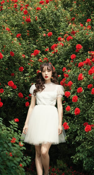 1 girl,solo,dress,flowers,white dress,long hair,fluffy sleeves,red flowers,short sleeves,roses,outdoor,sky,brown hair,natural,fluffy short sleeves,red lips,plants,lips,black hair,curly hair,trees,standing,shrubs,parted lips,red roses,(smoke),light,(night)