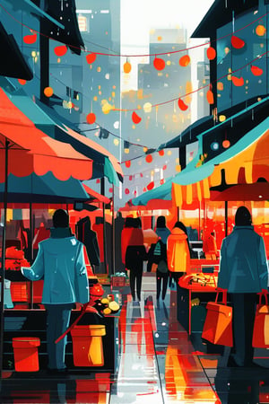 Flat 2D design of a rainy day in a busy marketplace, with vendors covered by awnings, colorful raincoats, and a lively atmosphere despite the weather.