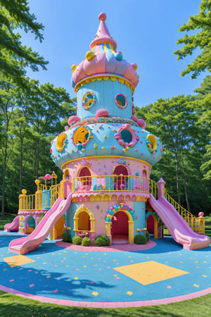 A vibrant and whimsical playground structure, reminiscent of a fairy tale castle. It's adorned with pastel colors, including pink, blue, and yellow. The main structure resembles a giant cupcake with multiple tiers, each decorated with colorful sprinkles and candies. A flag with the American flag emblem hovers atop one of the towers. The playground is situated in an open area surrounded by trees, under a clear blue sky. There are also some children's toys scattered on the ground, indicating that it might be a popular spot for kids.