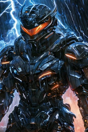 A stunning, high-resolution masterpiece captures a solo warrior, clad in a mecha exo-suit adorned with intricate beetle-inspired patterns and heavy metal armor, amidst a dramatic thunderstorm. The athlete's athletic body glistens under the soft, rain-kissed lighting as they wear a cyberhelmet and perfect eyes radiate determination. The complex composition features sharp focus on the subject's detailed face, surrounded by vivid colors and soft bokeh. Dark clouds swirl in the background, with heavy rain pouring down, creating an atmospheric full-body shot of unparalleled quality.