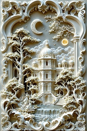 A meticulously crafted 3D artwork, predominantly in shades of white. It features a majestic tree with intricate branches and blossoms, a grand building with a dome and arched windows, and several human figures in traditional attire. The scene is set against a backdrop of swirling clouds and a radiant moon. The artwork exudes a sense of fantasy and serenity, with the characters seemingly engaged in a peaceful gathering or ceremony.