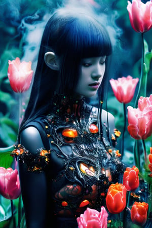 Delicate whole body woman, best quality professional photography, swamp, neumorphism, gothic + ArtDeco biomechanical harlequin flowers with jellyfish DNA, neumorphism, astral silver blackberries, cute magical multicolor ghost tulips and lilies, biomechanical cybernetic armour parts, eternal beauty, daylight, diffused light, fantasy, intricate, elegant, highly detailed, lifelike, photorealistic, digital painting, artstation, illustration, concept art, smooth, sharp focus, background consists of clouds of smoke and shadows, art by Rembrandt, From Tokaito