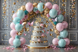 A celebratory setting, possibly for a birthday or anniversary. Dominating the scene is a beautifully decorated cake placed on a pedestal, adorned with golden embellishments and a number '2' topper. Surrounding the cake is an elaborate balloon arch, comprised of pastel-colored balloons in shades of pink, white, and gold. Golden ribbons and tassels hang from the balloons, adding to the festive ambiance. Butterflies, both real and decorative, flutter around, and golden stars are scattered throughout the space. The backdrop is a soft gray wall, providing a neutral contrast to the vibrant colors of the decorations.