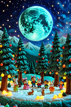 A whimsical night scene with a large, luminous blue moon in the backdrop. Below the moon, there's a snowy landscape adorned with decorated pine trees. The trees are illuminated with colorful baubles and are surrounded by a group of animated figures. These figures appear to be children and adults, engaging in various activities. Some are standing, while others are seated. The figures are dressed in colorful clothing, and there are small animals, like rabbits, among them. The entire scene is enveloped in a serene ambiance, accentuated by the soft glow of small lights scattered around the landscape.