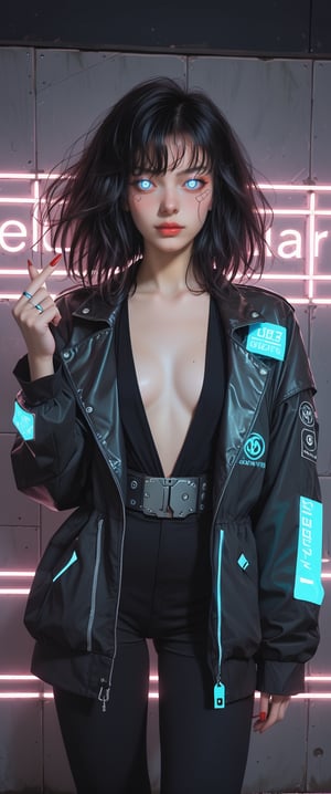 A cyborg girl posing seductively in a smoky cyberpunk nightclub. She's wearing a black leather jacket with glowing blue circuits and a plunging neckline, her eyes gleaming like neon lights in the dark. The walls are adorned with retro-futuristic advertisements and pulsating holographic displays. She extends her index finger, giving a sly heart sign to the camera, her bright red nails glistening under the strobing lights.