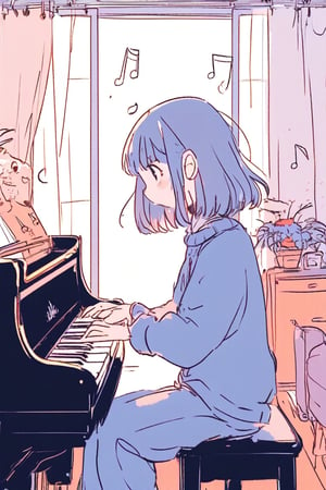 1girl, anime, playing the piano in a cozy living room, wearing a casual outfit, soft sunlight streaming through the windows, comfortable furniture and decor around her, music notes floating in the air