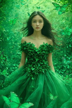 A young woman surrounded by a myriad of vibrant butterflies. She has long, flowing dark hair and is adorned in a gown made of green leaves and fabric. The background is a swirling, ethereal green, creating an enchanting atmosphere. The butterflies vary in color, from turquoise to deep green, and some have intricate patterns on their wings. The woman's gaze is intense and focused, and she seems to be in a serene, otherworldly realm.