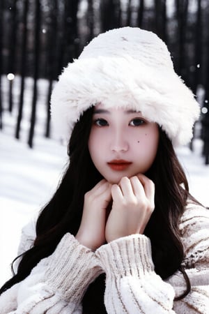 masterpiece, best quality, raw photo, realistic, adult girl, looking at viewer, supporting head on two hands, long hair, sweater, sweater hat, extremely beautiful detailed face, best shadow, medium breasts, (cute face, temptations look), snowing, snowing background, (sepia photography), (professional photo, balanced photo, high contract exposure)