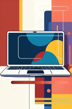 A flat design illustration of a sleek laptop, with vibrant and contrasting colors. The style is clean and modern, featuring simple geometric forms, limited shading, and a balanced composition. The colors are bold and dynamic, giving a fresh and retro-futuristic look.