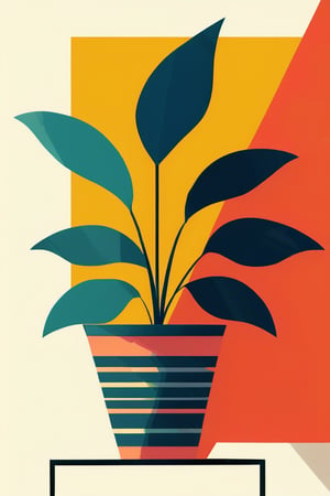 A flat design illustration of a potted plant, with vibrant and contrasting colors. The style is clean and modern, featuring simple geometric forms, limited shading, and a balanced composition. The colors are bold and dynamic, giving a fresh and retro-futuristic look.