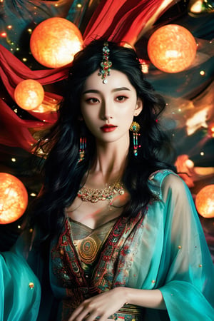 A mystical maiden poses against a backdrop of softly glowing orbs and abstract elements, her flowing black hair adorned with intricate accessories, as she wears an ornate Dunhuang-inspired costume in vibrant hues of turquoise, gold, and red. The dynamic draping of the fabric and soft light convey a sense of movement, amidst the serene yet vivid atmosphere.