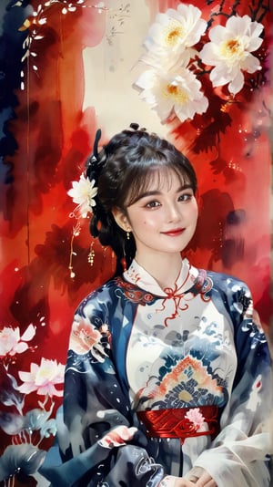 highly detailed, (chinese ink painting style, ink color, watercolor painting), look at viewer, caligraphy, portrait of a 17-year-old girl, shy smile, intricate hair flower ornament, ancient Chinese costume, hanfu, old paper effect, red seal on painting, painting,cutegirlmix,chinese_painting,lis4,ink scenery,chinese ink drawing