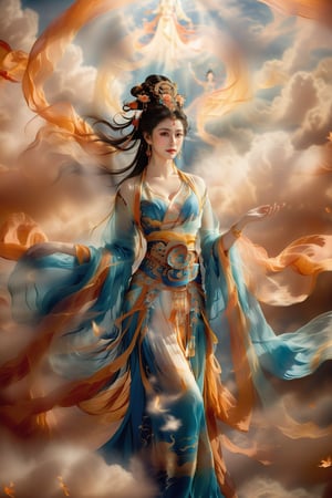 In a majestic, high-resolution digital illustration, the revered Chinese goddess stands majestically in Dunhuang, surrounded by ethereal clouds and celestial soft lighting that evokes her divine aura. Her enchanting beauty is radiated through her porcelain-like complexion, as she embodies the mythical art style of ancient China. The delicate folds of her silk robes flow effortlessly, while her eyes sparkle with an otherworldly charm. Captivating details reveal intricate patterns on her garments and accessories, transporting viewers to a realm of Chinese mythology where revered deities like herself reign supreme in divine splendor.
