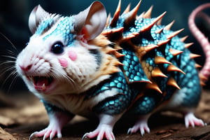 hamster, open mouth, blue eyes, tail, full body, horns, no humans, animal, fangs, claws, spikes, realistic, scales, animal focus, whiskers,dragon_anything
