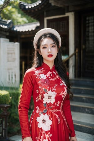 1girl, solo, long hair, looking at viewer, black hair, long sleeves, hat, dress, outdoors, day, black eyes, floral print, red headwear, architecture, east asian architecture, aodaicuoi