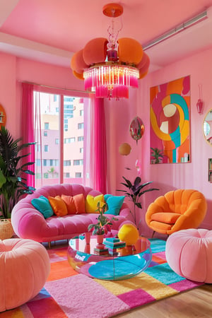 A vibrant and colorful living room. Dominating the space are plush, rounded furniture pieces in shades of pink, orange, and yellow. A unique chandelier with multiple bulbs in various colors hangs from the ceiling. On the left, there's a framed artwork of a woman with the text 'Oh, darling' below her. A potted plant sits on a wooden shelf, and a window draped with pink curtains lets in natural light. The floor is adorned with a multi-colored rug, and a small table with a laptop and a glass of water is positioned near the window.
