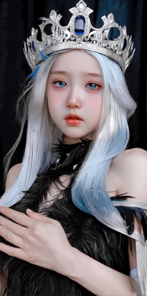 (((masterpiece))),best quality, illustration,(beautiful detailed girl), a girl ,solo,bare shoulders,flat_chst,diamond and glaring eyes,beautiful detailed cold face,very long blue and sliver hair,floaing black feathers,wavy hair,black and white sleeves,gold and sliver fringes,a (blackhole) behind the girl,a silver triple crown inlaid with obsidian, (sit) on the black ((throne)), (depth) of (field),LiluCinnamon