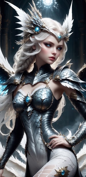1 girl, (mastery), fully armed Valkyrie, albino angel girl, sleepy smoky eyes, long flowing transparent white hair, (white braid), narrow pupils, very good figure, white tights, ( Long and complex wings: 1.2), divine light descends,
The best quality, the highest quality, extremely detailed CG unified 8k wallpaper, detailed and complex,
, steampunk style, glass elements,dragon_anything