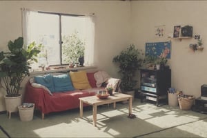 80s japan, 80s japanese furniture, ((more detailed interior)), (yellow and blue and pink pastel theme)), 1girl, solo, long hair, bangs, shirt, black hair, jewelry, sitting, short sleeves, earrings, shorts, socks, indoors, hood, book, white footwear, plant, socks, couch, shorts, shirt, potted plant, old television, rug,VINTAGE,pastelbg,akinanakamori,film_grain, ChineseWatercolorPainting