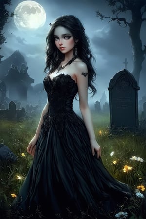 Capture the serene essence of a masterpiece with this stunning high-resolution image. A beautiful young woman with piercing grey eyes and dark, wavy hair with streaks of blue. She wears a flowing black gothic dress with lace and metal accessories. The serene field is replaced by a moonlit graveyard with fog and old tombstones. Her gaze meets the viewer's, inviting contemplation amidst the eerie backdrop.