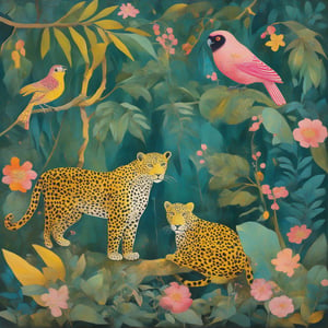 A vibrant and colorful jungle scene. There are two birds perched on branches, one with a blue body and the other with a combination of blue and pink. A leopard with a spotted coat is seen standing on a branch, while another leopard is depicted sitting on the ground. The backdrop is filled with a myriad of leaves, flowers, and fruits in shades of green, yellow, pink, and orange. The overall ambiance is whimsical and serene, with the animals and flora coexisting harmoniously.