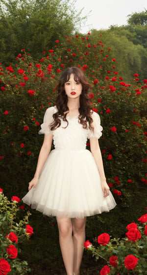 1 girl,solo,dress,flowers,white dress,long hair,fluffy sleeves,red flowers,short sleeves,roses,outdoor,sky,brown hair,natural,fluffy short sleeves,red lips,plants,lips,black hair,curly hair,trees,standing,shrubs,parted lips,red roses,(smoke),light,(night), blurry_background